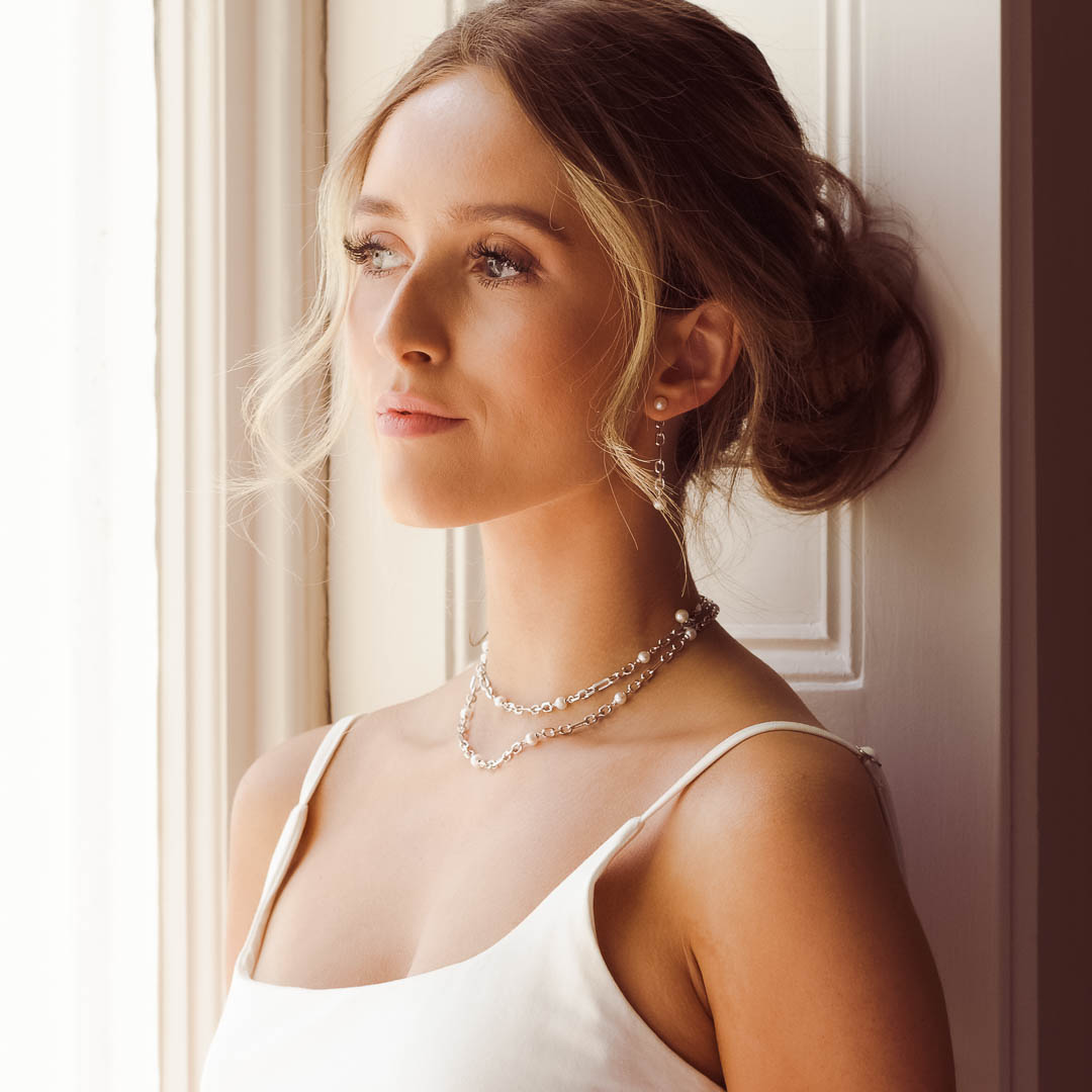 Astoria Figaro Pearl Multi-Way Necklace linked with matching bracelet to create a wrap-around choker style | Sterling Silver Jewellery by Kit Heath