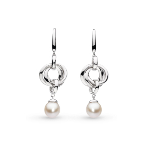 Product image of Bevel Trilogy Pearl Drop Earrings by British sterling silver jewellery designer Kit Heath